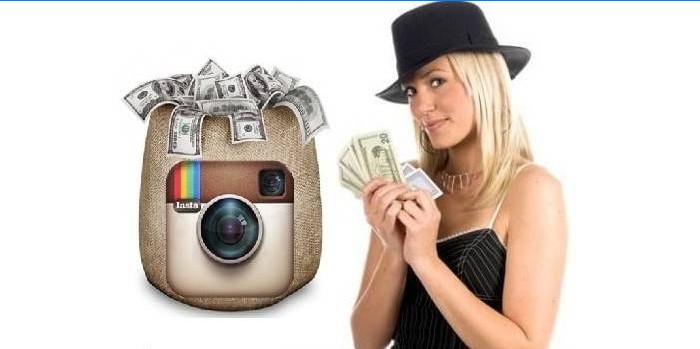 Krepšys pinigų su „Instagram“ logotipu ir mergina su pinigais rankoje