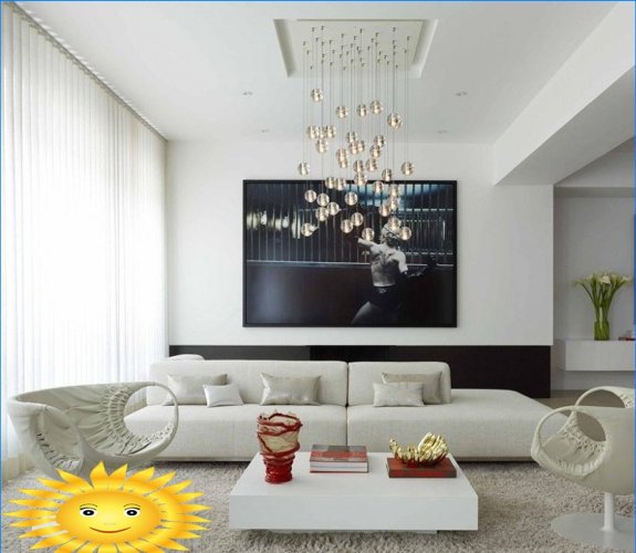Modernūs ir klasikiniai šviestuvai gyvenamojo kambario interjere: 20 nuotraukų idėjų